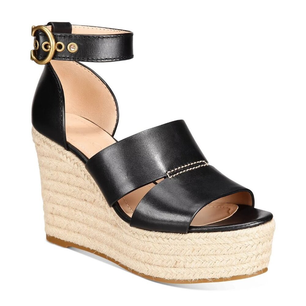 Coach Women's Black Ankle Closure Espadrille Isla Wedge Sandals Size 9